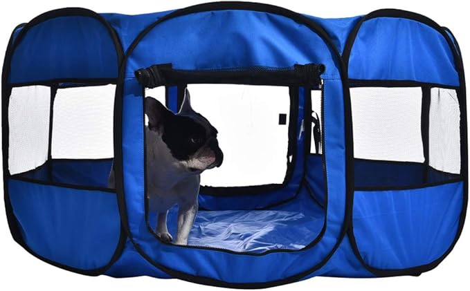 Amazon Basics Foldable Octagonal Indoor/Outdoor Portable Dog Playpen with Mesh Top, Easy to Clean and Store, 45", Blue