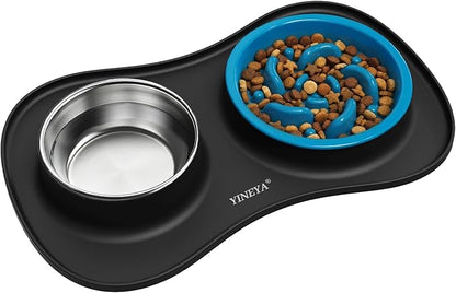 YINEYA Slow Feeder Dog Bowls Stainless Steel Food and Water Bowl Set 3 in 1 No Spill Waterproof Silicone Pet Food Mat Puppy Feeding Station for Large Medium Small Breed Non Slip Metal Dish Tray