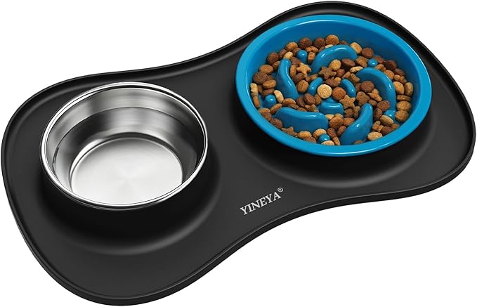 YINEYA Slow Feeder Dog Bowls Stainless Steel Food and Water Bowl Set 3 in 1 No Spill Waterproof Silicone Pet Food Mat Puppy Feeding Station for Large Medium Small Breed Non Slip Metal Dish Tray