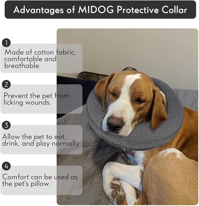 MIDOG Dog Cone - Inflatable Soft Donut Collar Alternative for Dogs After Surgery, Protective Recovery Collar Prevents Licking, Comfortable E-Collar Alternative for Small Medium Large Dogs (Gray, L+)