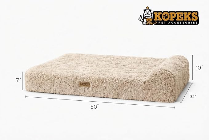 KOPEKS Orthopedic Memory Foam Dog Bed 7" Inch Thick Extra Large Dog Bed with Pillow Fluffy Brown 50"x34"x10" Includes Waterproof Liner & Durable Removable Cover with Smart Design