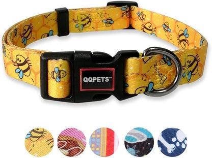 QQPETS Adjustable Soft Dog Collar: Print Flower Pink Multicolor Cute Patterns for XS Small Medium Large Pet Girl Boy Puppy Walking Running Training (S, Yellow Bee)