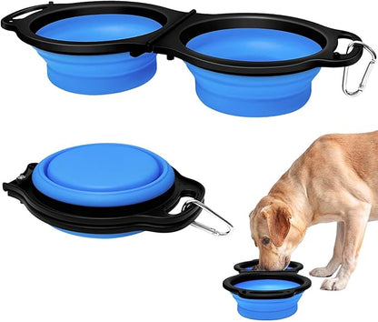 Collapsible Silicone Cat and Dog Travel Bowls,2 in 1 Foldable Pet Feeding and Watering Dish for Walking Camping Hiking with Carabiner (Blue)
