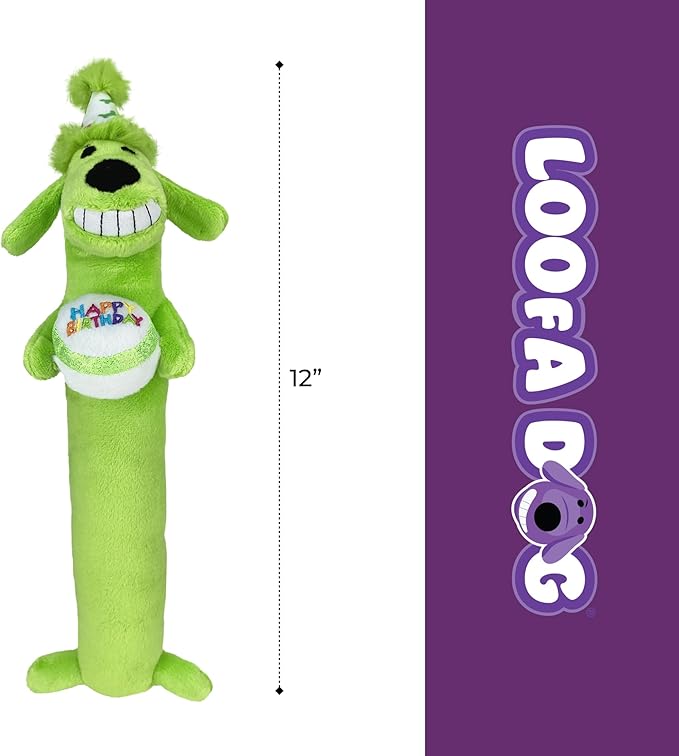 Multipet Loofa Dog Plush Toy w/ Birthday Hat - Squeaky Dog Toy for Dogs - Soft Plush - Stuffed Animal Dog Toys for Playing (1 Count, 12”, Random Color Surprise)
