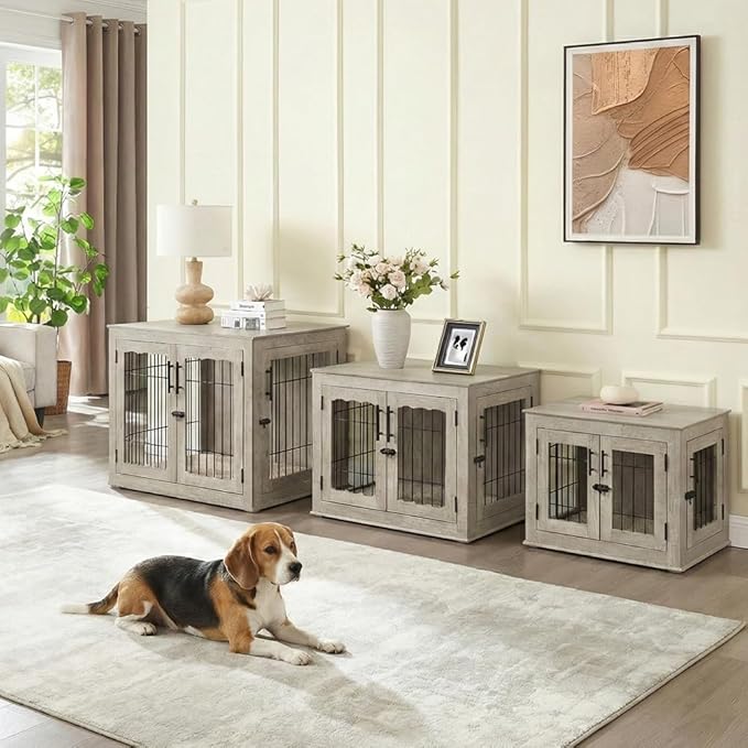 beeNbkks Furniture Style Dog Crate End Table, Double Doors Wooden Wire Dog Kennel with Pet Bed, Decorative Pet Crate Dog House Indoor Medium Large