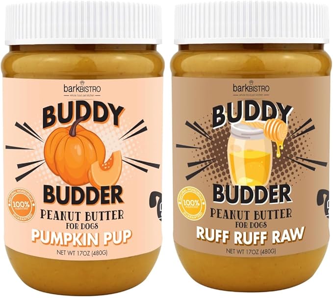 Ruff Ruff Raw + Pumpkin Pup Buddy BUDDER, Natural Peanut Butter for Dogs, Made in USA (Set of 2/ 17oz Jars)