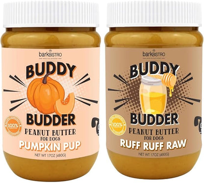 Ruff Ruff Raw + Pumpkin Pup Buddy BUDDER, Natural Peanut Butter for Dogs, Made in USA (Set of 2/ 17oz Jars)