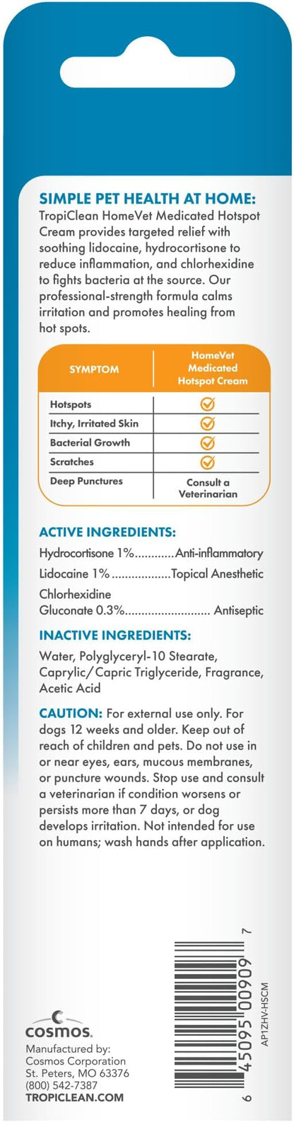 TropiClean HomeVet Medicated Cream, Hot Spot Treatment for Dogs, Fast Itch Relief, with Vet Strength Chlorhexidine & Hydrocortisone, USA Made, 1 oz