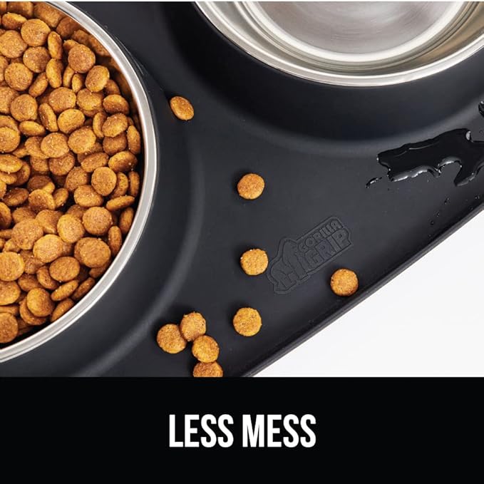 GORILLA GRIP Feeding Mat Bowl Set, 4 Cup 100% Waterproof BPA Free Silicone Base, 304 Stainless Steel Cat and Dog Bowls for Food and Water, Slip Resistant, High Edge, US Designed, Patent Pending, Black