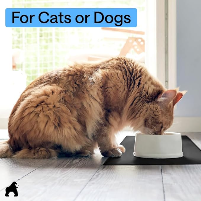 GORILLA GRIP 100% Waterproof Raised Edge BPA Free Silicone Pet Feeding Mat, Dog Cat Food Mats Contain Spills Protects Floors, Placemats for Cats and Dogs Water Bowl, Pets Accessories 32x24 Black