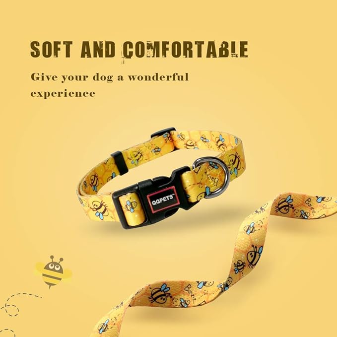 QQPETS Adjustable Soft Dog Collar: Print Flower Pink Multicolor Cute Patterns for XS Small Medium Large Pet Girl Boy Puppy Walking Running Training (S, Yellow Bee)