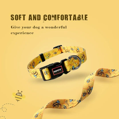 QQPETS Adjustable Soft Dog Collar: Print Flower Pink Multicolor Cute Patterns for XS Small Medium Large Pet Girl Boy Puppy Walking Running Training (S, Yellow Bee)