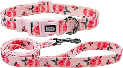 Dog Collar and Leash Set, Cute Rose Pattern, Polyester Material, 5ft Leash, for Large Dogs.(Large,Pink Rose)