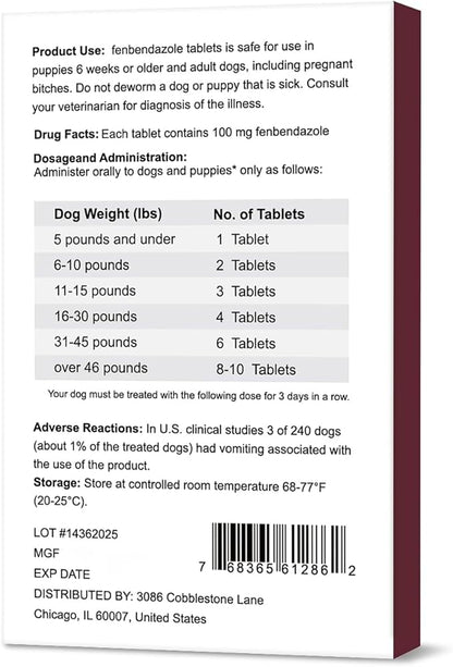 Dewormer for Dogs, Fenbendazole for All Wormers, Tapeworms, Roundworms, Hookworms and Whipworms, 24 Count(Pack of 1)