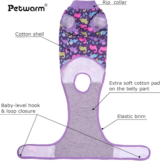 PetWarm Dog Post Surgery Suit Female Spay, Pet Recovery Suit for Dogs, Onesies for Dogs, Substitute E-Collar and Cone, Anti-Licking Dog Onesie for Surgery Female, Dinosaur Pattern, Purple, XS