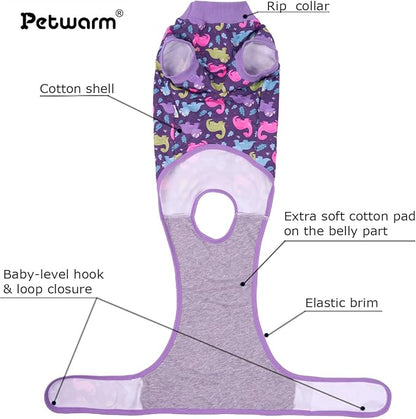 PetWarm Dog Post Surgery Suit Female Spay, Pet Recovery Suit for Dogs, Onesies for Dogs, Substitute E-Collar and Cone, Anti-Licking Dog Onesie for Surgery Female, Dinosaur Pattern, Purple, XS