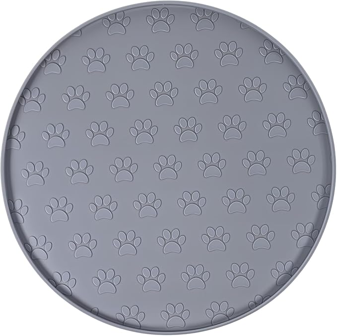 Silicone Pet Food Mat, Dog Dish Mat, Dog Cat Food Mats Small, Silicone Mats for Dogs Bowls, Waterproof Non-Slip Dogs Cat Water Bowl Placemat with Raised Edge, Gray