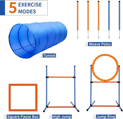 Dog Agility Training Equipment, 60-piece Dog Obstacle Course Training Starter Kit Pet Outdoor Game with Tunnel, Agility Hurdle, Weave Poles, Jump Ring, Pause Box, Toy Balls and Storage Bag