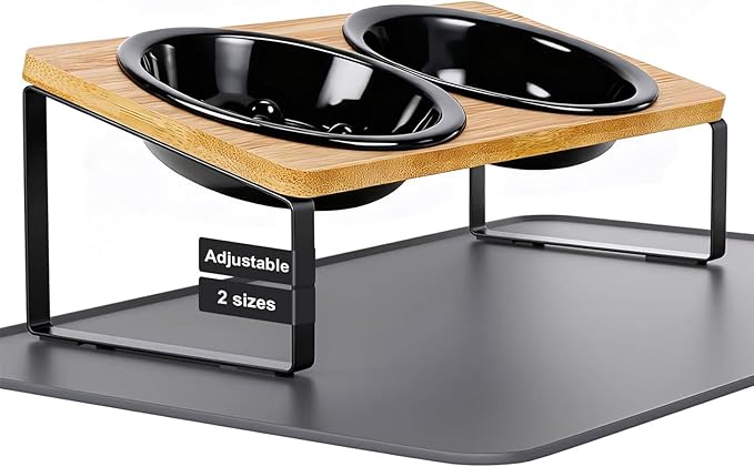 LEAWALK Upgraded Adjustable Height Cat Food Bowls Stand Ceramic Dog Bowls and Slow Feeder Cat Bowl, 15°Tilted Stand Anti Vomiting Raised for Small and Medium Sized Cats Dogs (Black (2 Bowl+Pet mat))