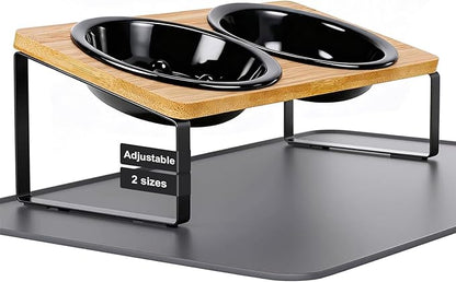 LEAWALK Upgraded Adjustable Height Cat Food Bowls Stand Ceramic Dog Bowls and Slow Feeder Cat Bowl, 15°Tilted Stand Anti Vomiting Raised for Small and Medium Sized Cats Dogs (Black (2 Bowl+Pet mat))