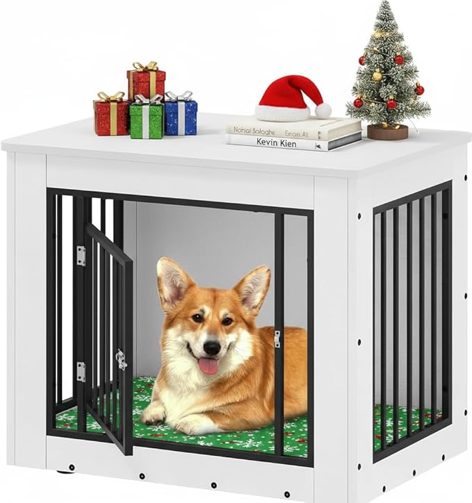 YITAHOME 30.1" L Dog Crate Furniture for Medium Dogs, 2-in-1 Iron-Wood Fusion Dog cage Indoor up to 35 lb, Side End Table, Modern Dogs Kennel with Waterproof Top, Safety Corners,Steel Lock,White