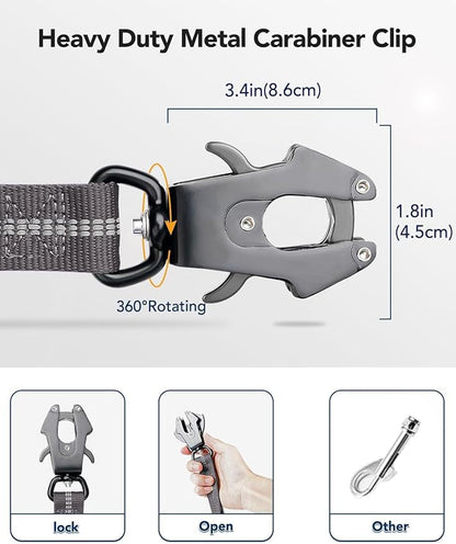 Joytale Tactical Dog Leash Heavy Duty, 4-6FT Shock Absorbing Bungee Lead with 2 Padded Handle, Metal Carabiner Clip, Car Seatbelt, Strong No Pull Leash for Medium Large X-Large Dogs, Gray