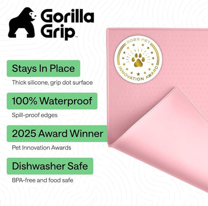 GORILLA GRIP 100% Waterproof Raised Edge BPA Free Silicone Pet Feeding Mat, Dog Cat Food Mats Contain Spills Protects Floors, Placemats for Cats and Dogs Water Bowl, Pets Accessories 32x24 Pink