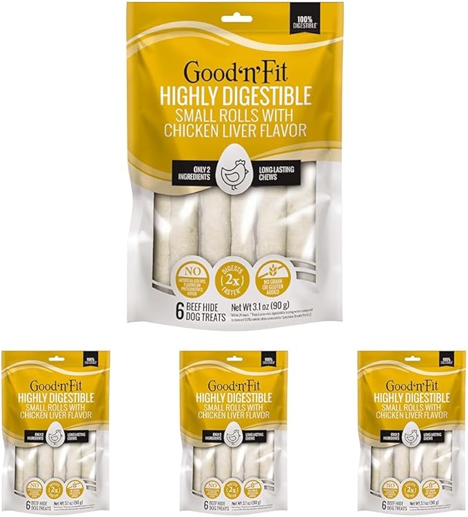 Good n Fit Small Rolls with Real Chicken Liver Flavor, 6 Count, Long-Lasting Highly Digestible Rawhide Chews for Dogs (Pack of 4)