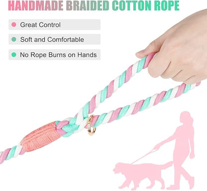 Dog Leash 5 FT Handmade Braided Cotton Rope Leashes for Small Medium and Large Dogs, New Golden Heavy Duty Metal Clasp, Cherry Blossom Pink