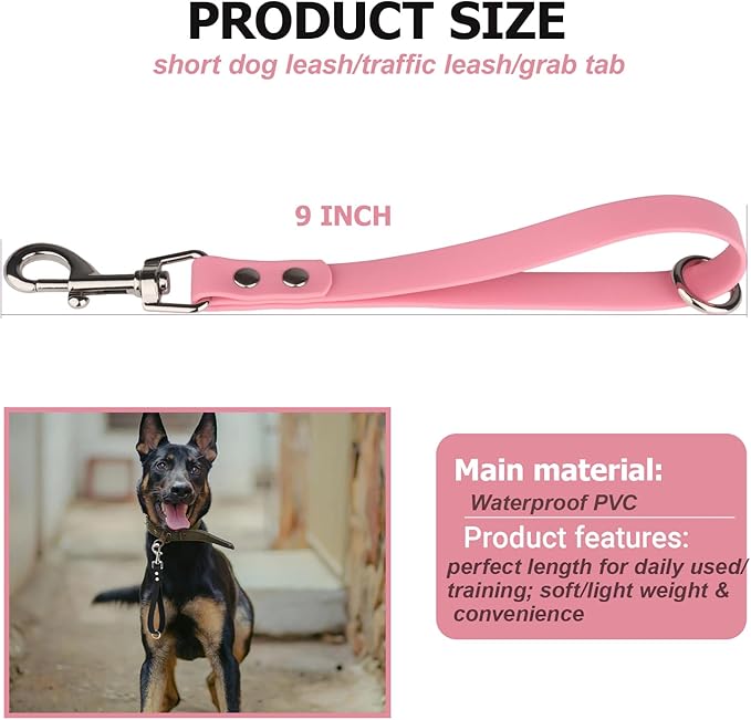 Short Dog Leash - 9 Inch Dogs Lead Grab Tab Heavy Duty Waterproof PVC Dog Training Traffic Leashes for Safety Control Behavior Correction Hiking Backup & All Breeds(Light Pink, 9'')