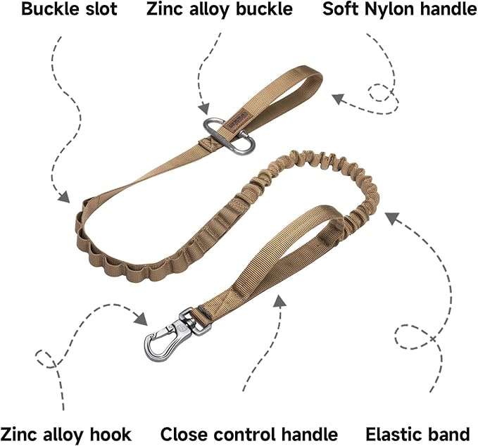 EXCELLENT ELITE SPANKER Tactical Bungee Dog Leash Military Adjustable Dog Leash Quick Release Elastic Leads Rope with 2 Control Handle(Coyote Brown)