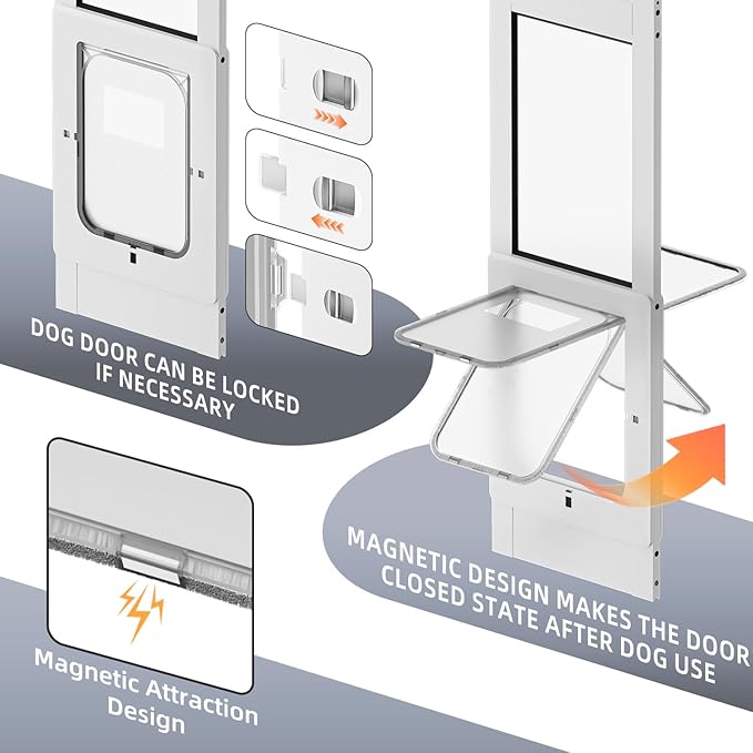Dog Door for Sliding Glass Door with Magnetic Plastic Flat, Sliding Door Pet Doggie Door Insert with Lock, Adjustable Height No-Cut Required Doggy Door Access Renters, Apartments, Patio (White, M)