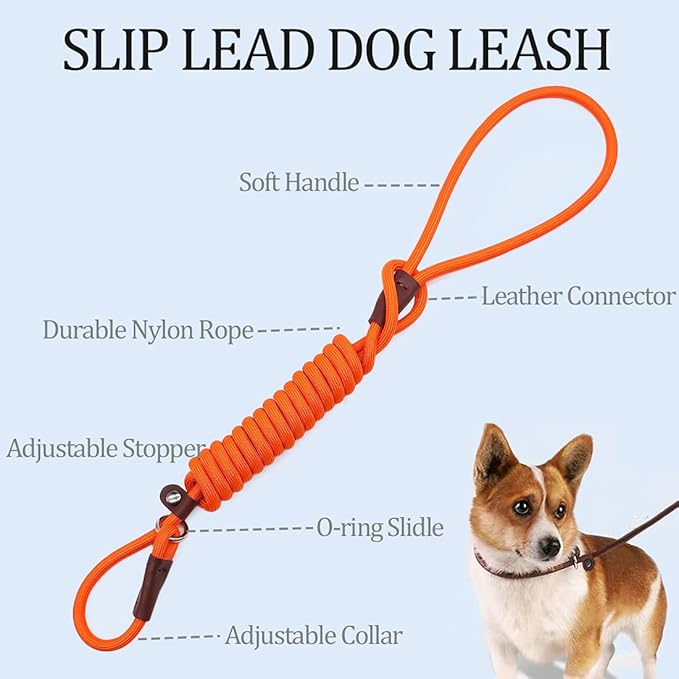 MayPaw Slip Lead Control Leash for Dogs No Pull, 13+ Colors Classic Dog Lead 7FT Pet Slip Leash, 1/4” Rope Leashes for Small Medium Animals Orange