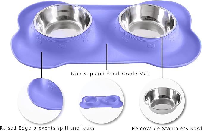 Hubulk Pet Dog Bowls 2 Stainless Steel Dog Bowl with No Spill Non-Skid Silicone Mat + Pet Food Scoop Water and Food Feeder Bowls for Feeding Small Medium Large Dogs Cats Puppies (Large, Purple)