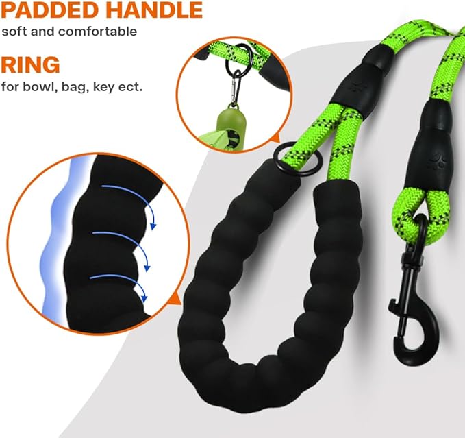 Taglory Rope Dog Leash 6 FT with Comfortable Padded Handle, Highly Reflective Threads Leash and Anti-Tangle Clip for Walking Small Dogs, 3/8 inch, Green