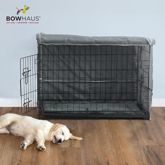 BOWHAUS 30-Inch Single Door Dog Crate Kit Includes Crate Cover and Soft Dog Bed, Indoor Dog Cage with Leak-Proof Pan, Foldable Wire Metal Dog Kennel for Small, Medium Dog