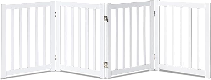 LZRS 4-Panel Wooden Free Standing Foldable Dog Gate Indoor – 24" High, Extra Wide Step-Over Safety Pet Gate for Doorways, Stairs, Hallways, Large Spaces & Playpen for Puppies Indoor Use, White
