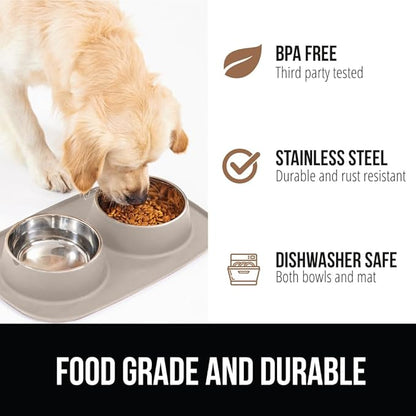 GORILLA GRIP Feeding Mat Bowl Set, 100% Waterproof BPA Free Silicone Base, 304 Stainless Steel Cat and Dog Bowls for Food and Water, Slip Resistant, High Edge, US Designed, Patent Pending, 2 Cup Beige