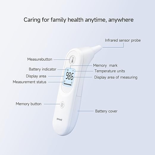 yuwell Digital Thermometer for Adults and Kids | Medical Graded Ear Thermometer, Baby and Kid Friendly | Measurement in Seconds, High Temperature Alert, Large Display, 7 Reading Storage