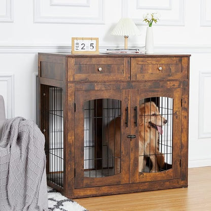 Dog Crate Furniture with Drawers, Wooden Dog Kennel Furniture for Large Breed,End Table Wood Dog House for Indoor Use,Dog Crate for Small/Medium/Large Dog
