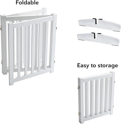LZRS Freestanding Dog Gate 30 inch Tall - 3 Panels Solid Wooden Pet Gate for Doorways, Stairs & Hallways, Expandable & Foldable with Support Feet，Indoor Use,White