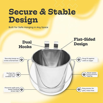 6 Quart Stainless Steel Flat Sided Bucket with Dual Hooks | 2 Pcs Food & Water Bowl for XL Dog Goat Cattle Horse & Livestock | Fits kennel Crate Cages Farm Hanging Pet Pail | Multipurpose