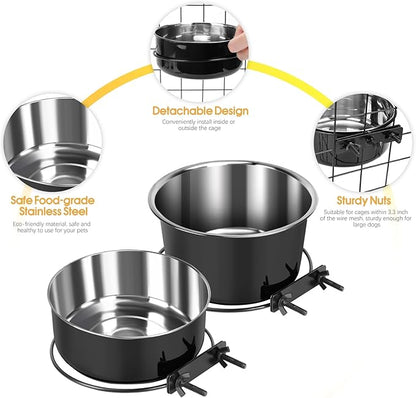 2 Pcs Black Large Pet Dog Food Water Bowl for Cage Stainless Steel Non-Spill Kennel Hanging Cats Bowls with Clamp Holder Crate Feeder Dish for Medium Large Dogs Huge Pets (7.1x3.7'' & 7.1x2.5'')