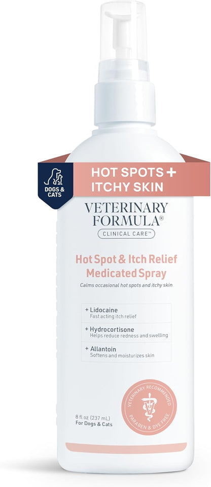 Veterinary Formula Clinical Care Hot Spot & Itch Relief Medicated Spray, 8oz – Easy to Use Spray for Dogs & Cats – Helps Alleviate Sensitive Skin, Scratching, and Licking of Coat (1 Pack)