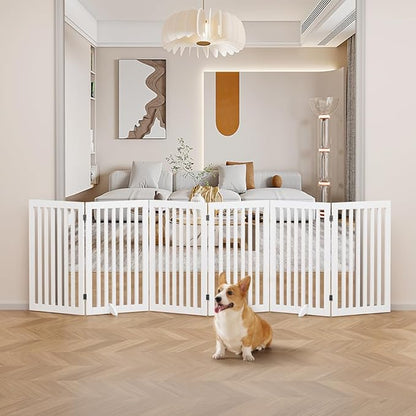 unipaws 120" Extra Wide Pet Gate, Free Standing Dog Gate for Doorways, Stairs, Foldable Gate & Room Divider, Wooden Puppy Playpen, Expandable Barrier for The House, Indoor Use (36" H, White)