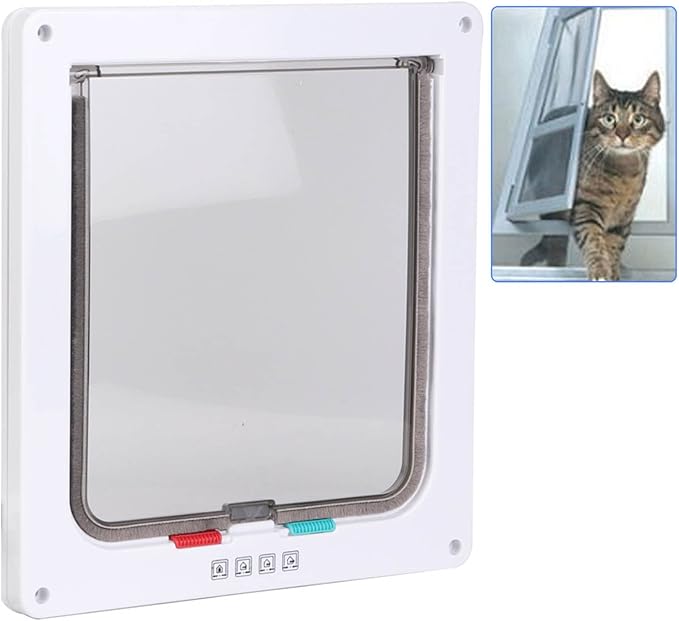 Pet Entry Door, 4 Way Locking Cat Door Dog Flap Door, for Window Pet Cats Supply Easy to Install Door(White)