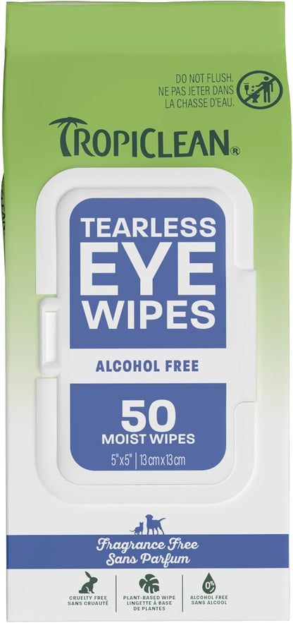 TropiClean Tearless Dog Eye Wipes, Dermatologist Approved Tear Stain Remover for Dogs & Cats, Gentle & Safe for Daily Use, Made in USA, 50ct.