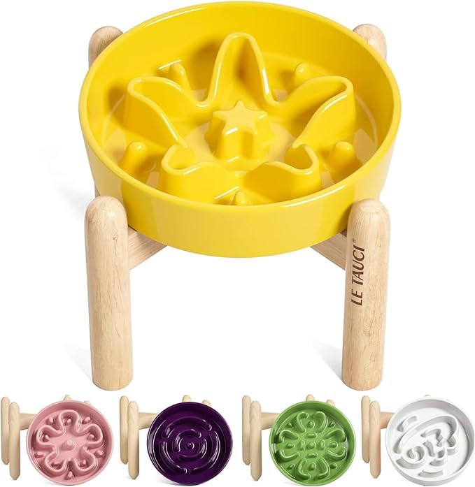 LE TAUCI Ceramic Slow Feeder Puzzle Bowl Elevated 1.5 Cup with Wooden Stand for Small & Medium Dog, Fast Eater Food Bowl, Star Yellow