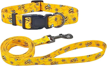 Dog Collar Leash Set, Busy Bee Pattern, 5ft Matching Leash, Polyester Material, 4 for Small Medium Large Dogs.(L, Bee)