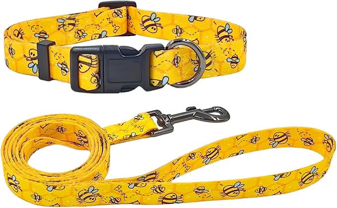 Dog Collar Leash Set, Busy Bee Pattern, 5ft Matching Leash, Polyester Material, 4 for Small Medium Large Dogs.(XS, Bee)